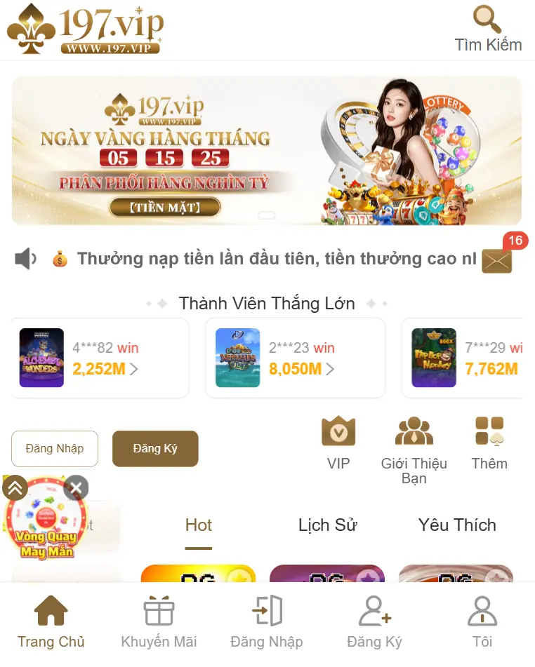 Giao diện trang chủ 197VIP rõ ràng và hiện đại