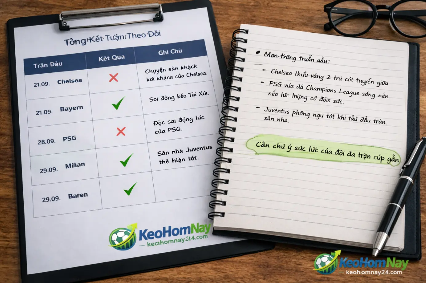 Bảng tổng kết kết quả và ghi chú phân tích sau một tuần theo dõi bóng đá.