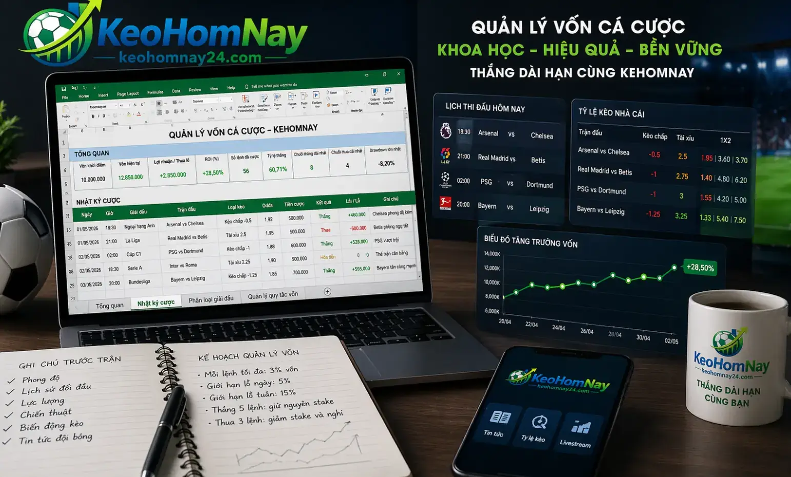 Bảng Excel quản lý vốn cá cược hiển thị dữ liệu trận đấu và tỷ lệ kèo trên màn hình máy tính